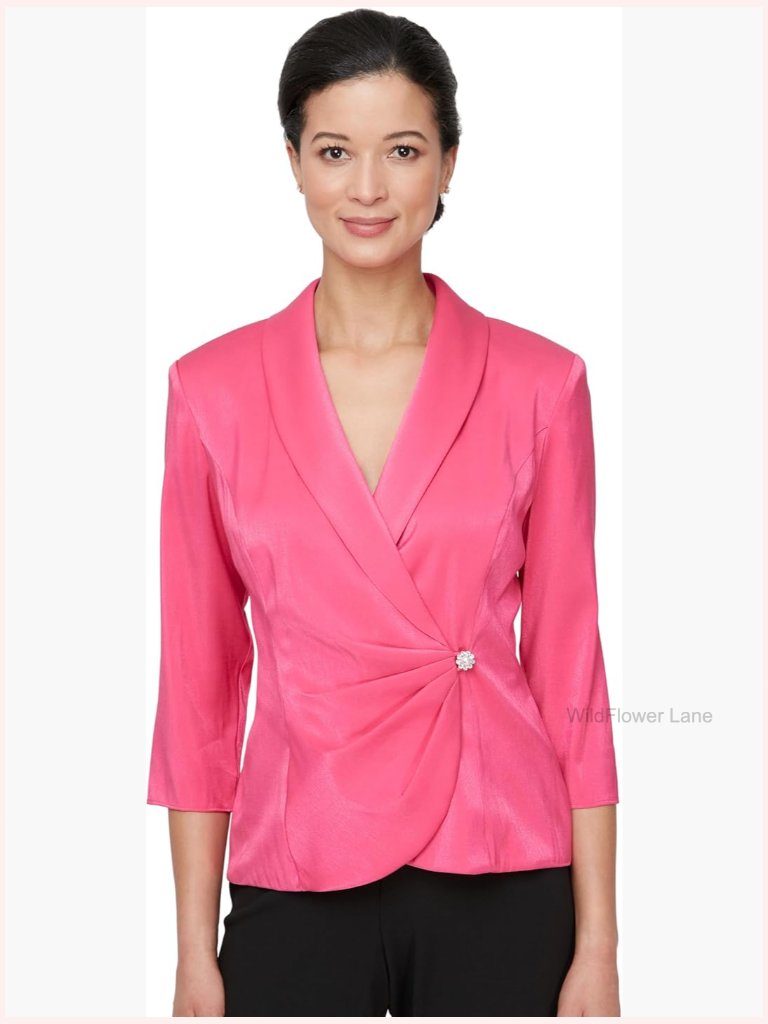 3/4 Sleeve Surplice Blouse Embellished Side Closure Stretch Shimmer Top